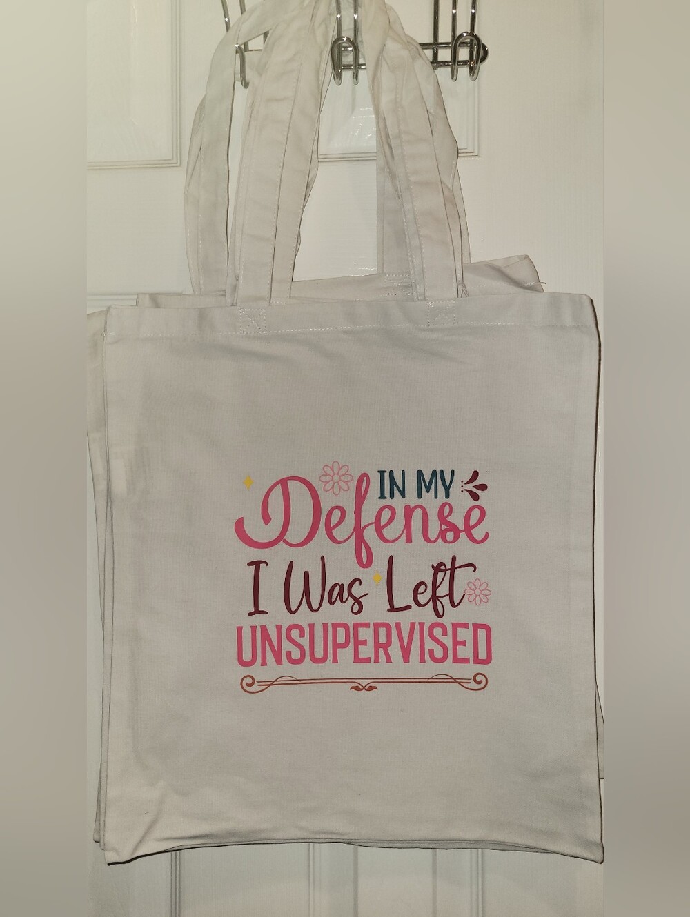 Canvas Tote Bag with Pink Typography - 'In My Defense'